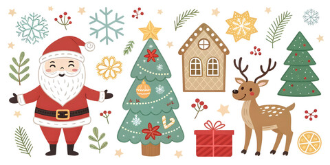 Fototapeta premium Cute cartoon Santa Claus reindeer gingerbread house Christmas trees snowflakes and gifts isolated on white background