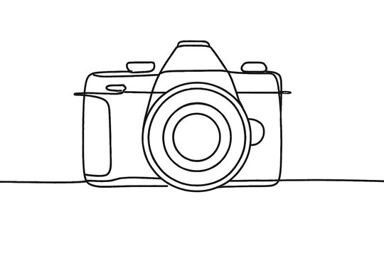A single continuous line drawing of a camera on a white background conveying simplicity