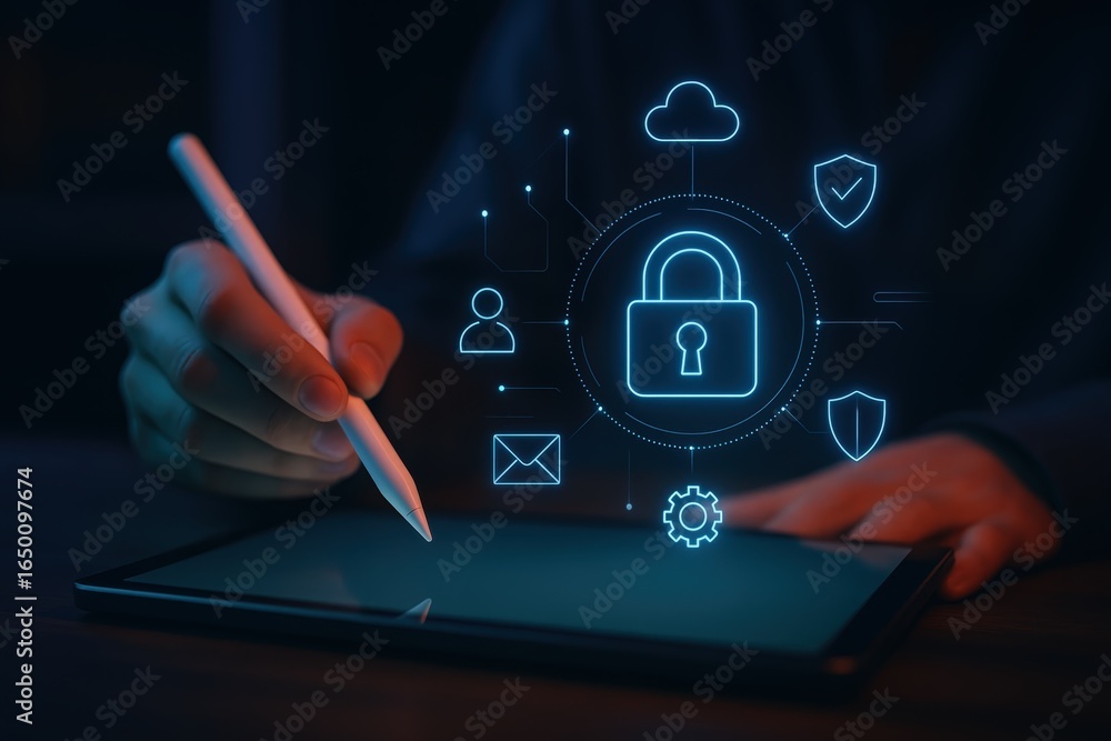 Poster digital tablet with security icons displayed.