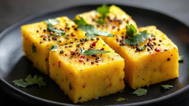 Several pieces of Indian flatbread with black pepper and cumin, topped with cheese crumbles on a dark plate.