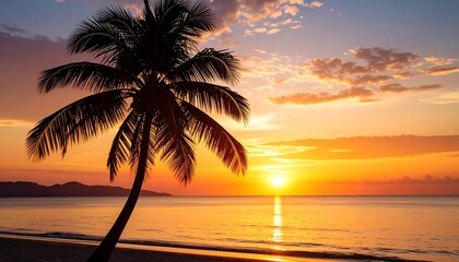 Silhouette of a palm tree at sunset over the ocean.