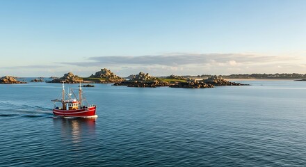 Picturesque red fishing boat sailing on the vast turquoise ocean with rocky isles