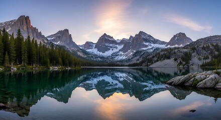 Fototapeta premium Mirror reflections of majestic mountains with snow caps at dusk capturing serene beauty