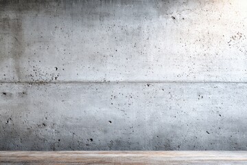Presents minimalist, textured concrete wall with natural wood surface in foreground. Rough, gray cement backdrop, with its subtle imperfections, offers modern, industrial aesthetic. Wooden shelf adds