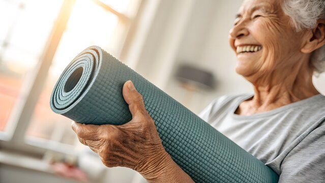 Realistic close-up of smiling elder’s hand holding a yoga mat, showcasing natural skin and soft daylight texture.