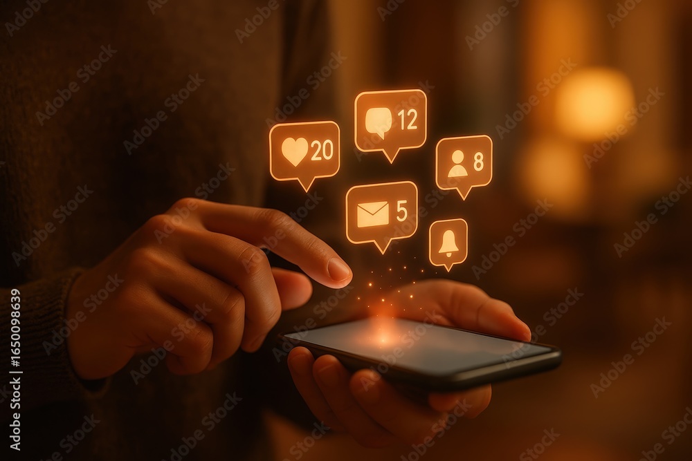 Poster person using a smartphone with social media notifications displayed.