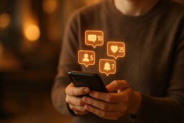 Close-up of hands holding a smartphone with social media notification icons.
