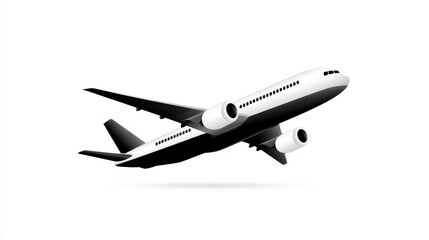 Stylized illustration of a sleek airplane in flight against a white background.