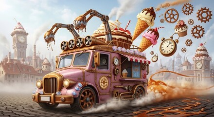 Whimsical Pink Steampunk Ice Cream Truck with Mechanical Arms and Floating Desserts