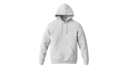 Front view of a light gray hooded sweatshirt with drawstrings and a kangaroo pocket.