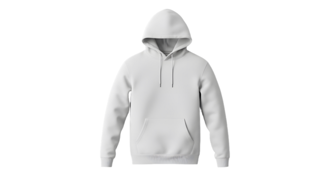 Front view of a light gray hooded sweatshirt with drawstrings and a kangaroo pocket.