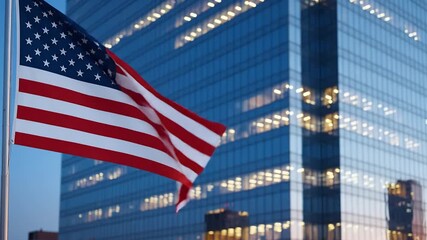 The American flag waves in front of a modern glass skyscraper with illuminated windows at dusk. - Powered by Adobe