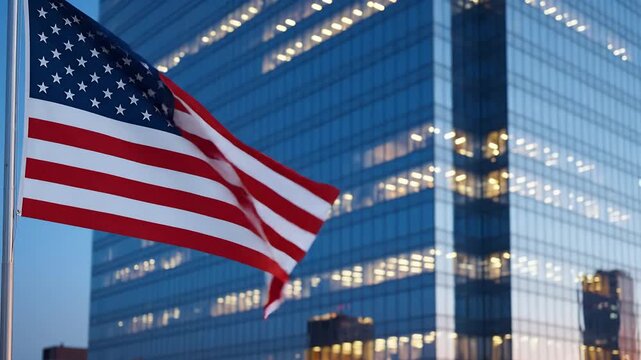 The American flag waves in front of a modern glass skyscraper with illuminated windows at dusk.