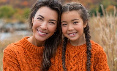 Obraz premium a mother and daughter smiling at the camera, with an autumn nature background, golden hour lighting