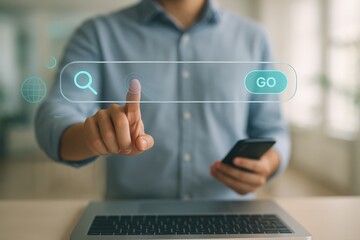 Person interacting with a digital search bar.