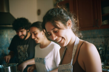 Fototapeta premium Familia diversa cocinando junta, risas naturales.