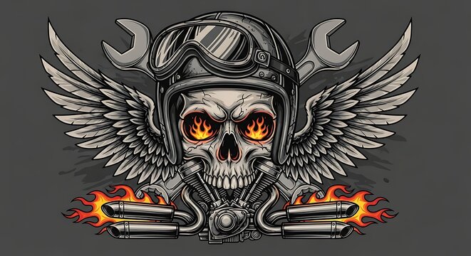 Stylized graphic illustration of a skull motorcyclist with wings and fiery details