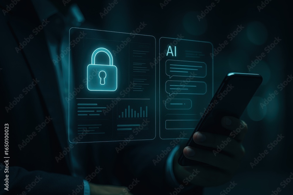 Aufkleber holographic interface displays security and ai communication on a smartphone.