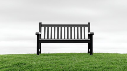 A solitary black bench on a grassy hill under a cloudy sky.
