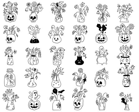 Line Arts of flowers in vase halloween holiday floral arrangements: Halloween bouquet with leaves, pumpkin vase with blooms, spiderweb floral, gothic rose cluster