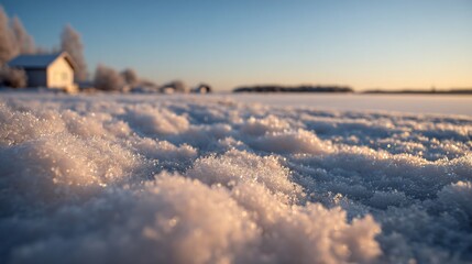 Fototapeta premium Close-up of frosty snow at sunrise, with blurred cottages in the background