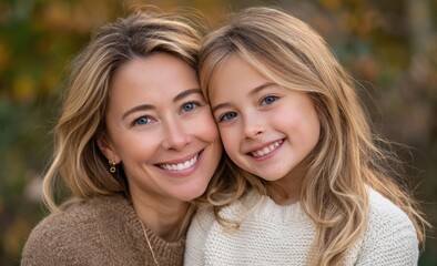 Obraz premium an American mother and daughter smiling, both wearing orange , with the backdrop of nature in autumn
