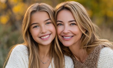 Obraz premium an American mother and daughter smiling, both wearing orange , with the backdrop of nature in autumn