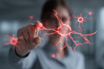 Ilustración fotorrealista de red neuronal sobre tablero transparente en oficina, persona señalando nodos, mezcla de realidad y overlay UI