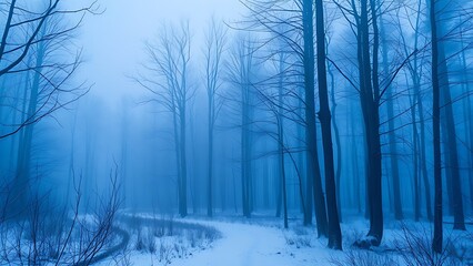 Naklejka premium A serene winter forest landscape with misty blue tones and a soft watercolor-like ambiance.