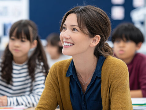 Smiling female teacher attentively listens in classroom with students focused on learning, creating positive educational environment