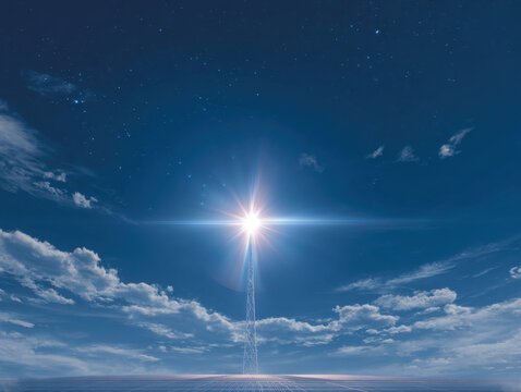 Bright shining light atop tall tower illuminates night sky filled with stars and scattered clouds, creating serene atmosphere - Powered by Adobe