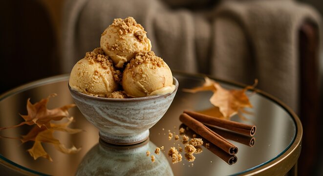 a apple crumble gelato in a rustic ceramic bowl, topped with actual streusel crumbs and a hint of cinnamon. Sitting on a mirror table that reflects a cozy, autumnal background