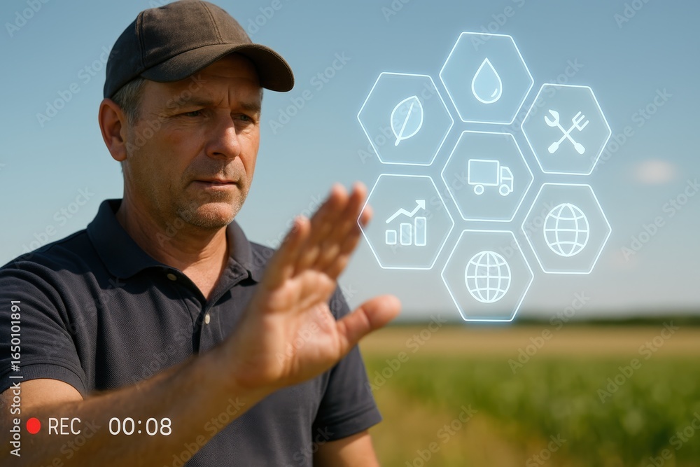 Aufkleber man interacting with a digital interface over a field.