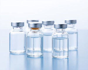 Minimalist photo of row of transparent glass bottles filled with clear liquid and sealed with silver caps on reflective surface