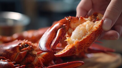 Close up of  hand holding  cooked lobster tail revealing succulent white meat