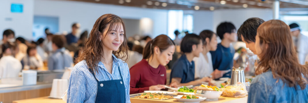 Smiling female cafeteria worker serving food to customers in busy modern dining area with diverse people enjoying meals