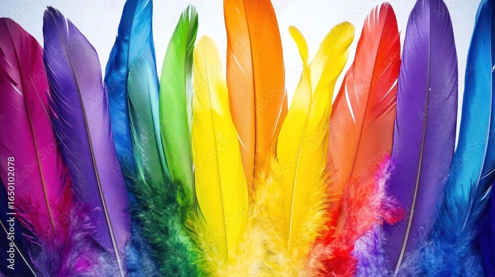 Poster vibrant rainbow array: a stunning display of colorful feathers on white background