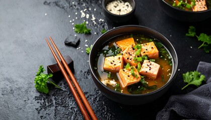 Hot And Tasty Miso Soup With Salmon On Black Rock