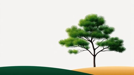 A vibrant green pine tree stands against a minimalist background.