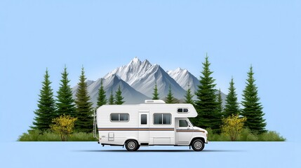 White camper van parked in a lush forest against a mountain backdrop.