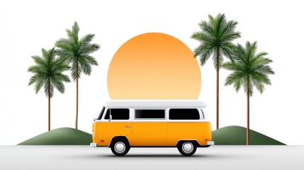 A retro yellow van against a vibrant sunset and palm trees.