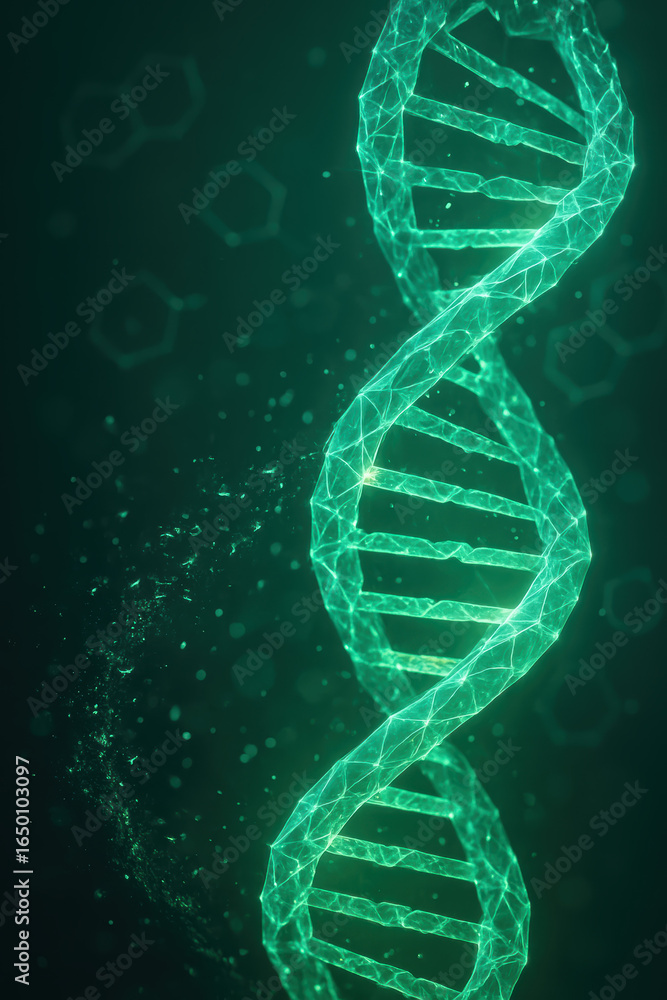 Aufkleber glowing luminous double helix structure radiates fine sparkling particles with abstract geometric cu