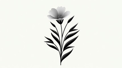 Elegant black and white floral illustration with delicate petals and slender leaves.