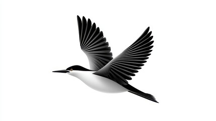 A sleek black and white bird in mid-flight, showcasing its majestic wings.