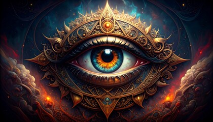 Ornate eye design with cosmic background.