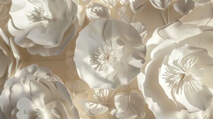 Sunlit textured wallpaper decorated with delicate white paper flowers, featuring intricate textures and bright sunlight that enhances the floral patterns. The charming design adds elegance to interior