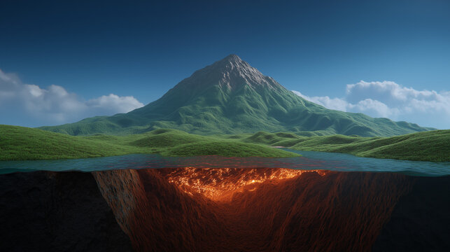 A powerful split screen cross section of a volcano showing peaceful slopes above and fiery magma below