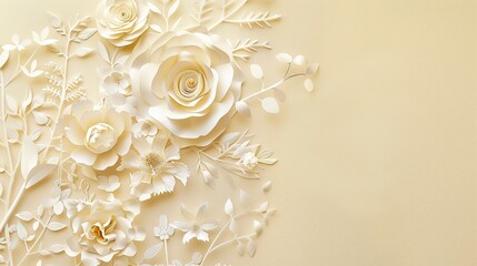 Sunlit textured wallpaper decorated with delicate white paper flowers, featuring intricate textures and bright sunlight that enhances the floral patterns. The charming design adds elegance to interior