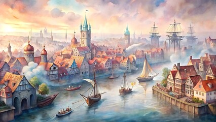 Fototapeta premium Panoramic Hanseatic Port City Watercolor with Guildhalls, Merchants, and Ships – Decorative Prints, Posters, Stationery, Backgrounds