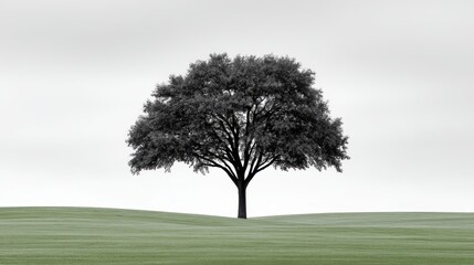 A solitary tree stands majestically on a smooth, grassy hill in serene monochrome tones.